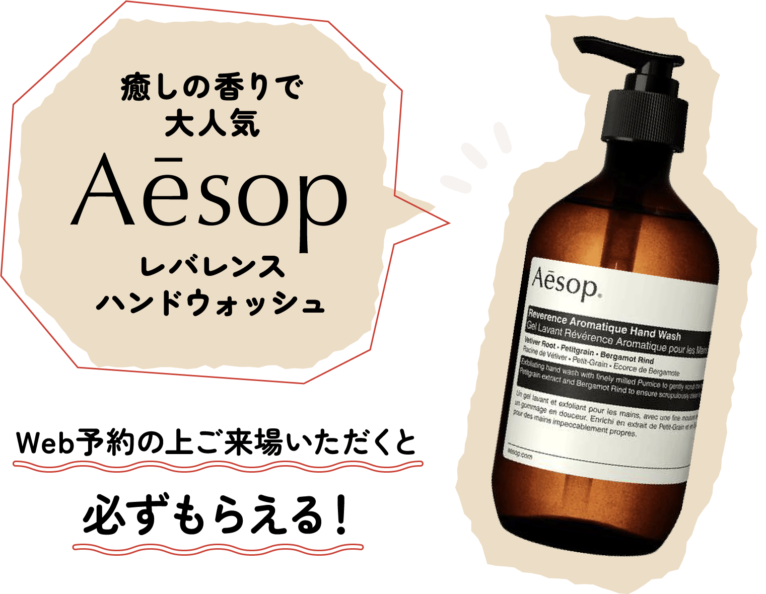 癒しの香りで大人気Aesop レバレンスハンドウォッシュ Web予約の上ご来場いただくと必ずもらえる！